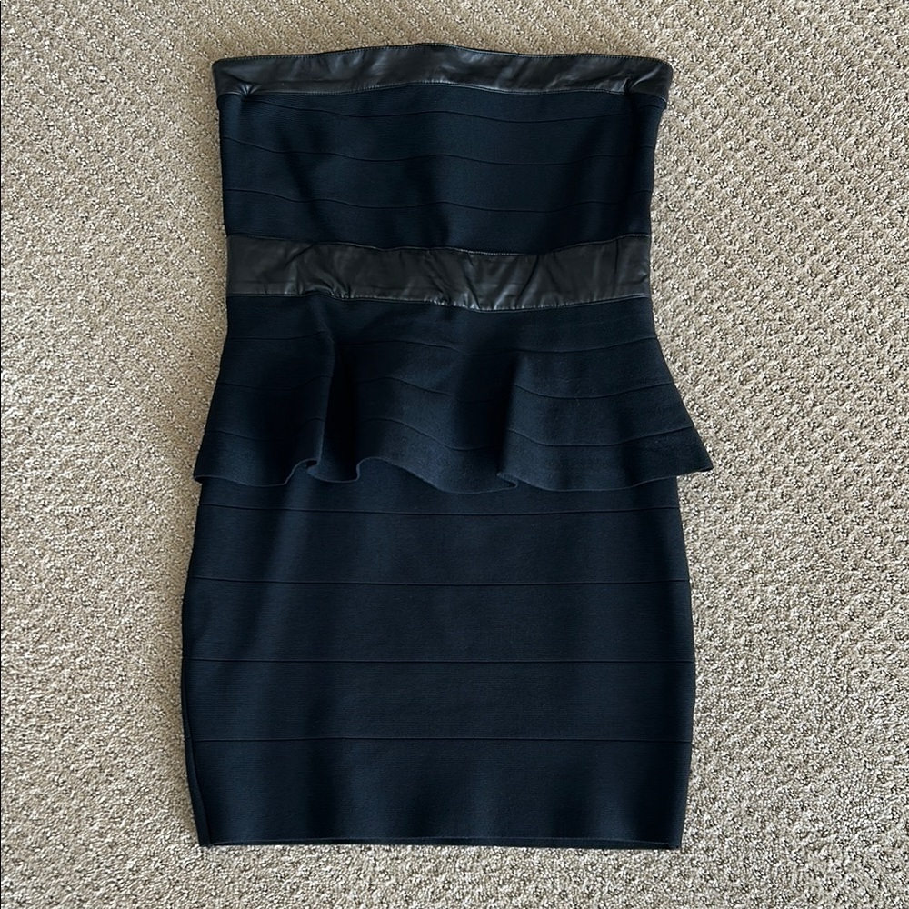 Bebe Black Strapless Peplum Bodycon Dress with Faux Leather detail - medium